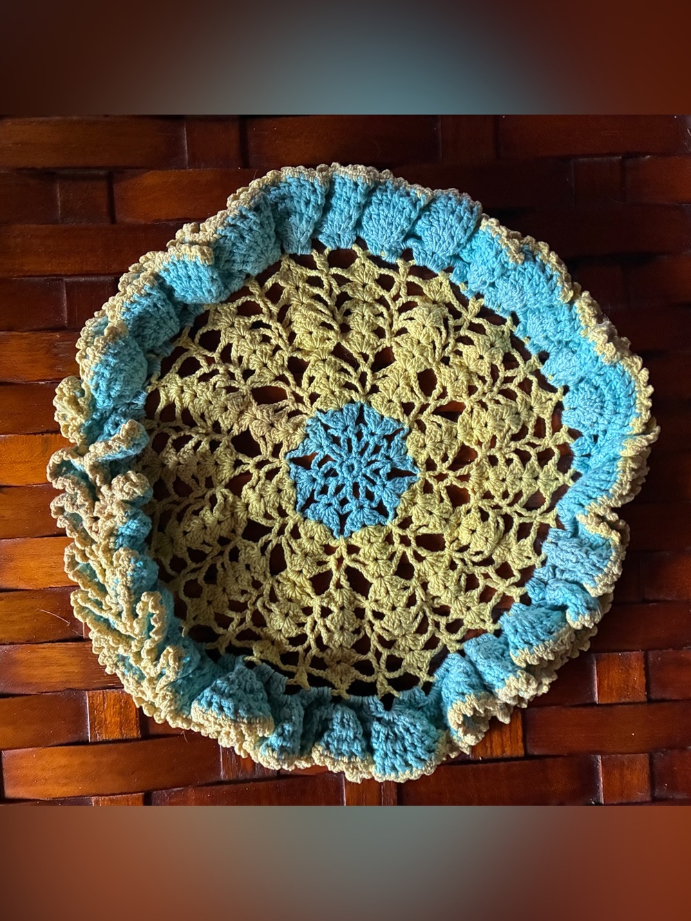 Vintage Handmade Ruffled Crochet Doily 9" Blue & Yellow Green Table Mat